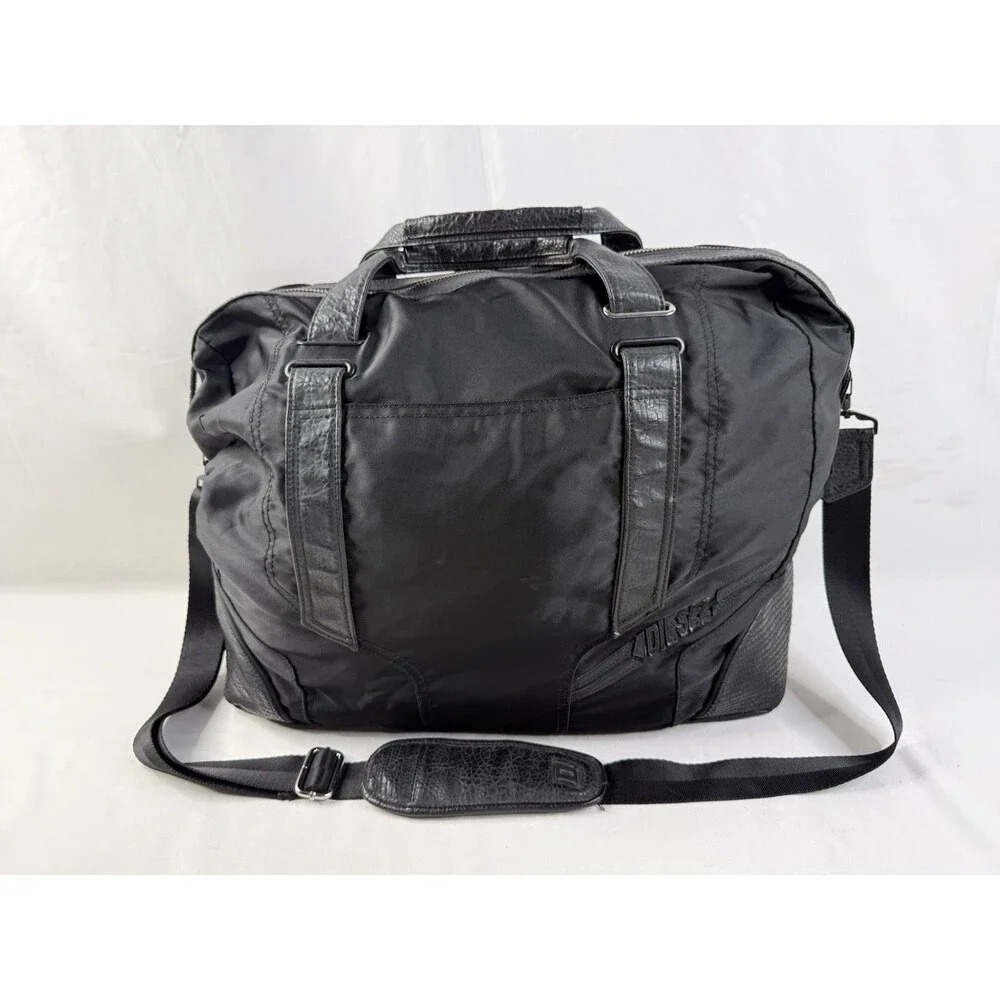 Retro Y2K DIESEL Tote Bag Large Capacity Boston Nylon Leather Black Vintage